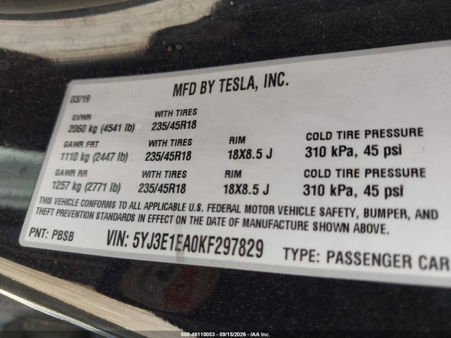 Tesla Model 3 Long Range/mid Range/standard Range/standard Range Plus 2019 5YJ3E1EA0KF297829 Image 9