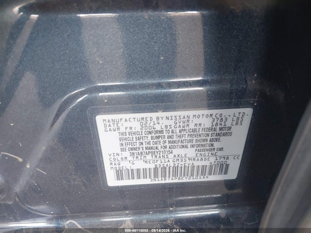 2014 Nissan Sentra Fe+ S/fe+ Sv/s/sl/sr/sv მანქანა იყიდება აუქციონზე, vin: 3N1AB7AP8EY210154, აუქციონის ნომერი: 46110058
