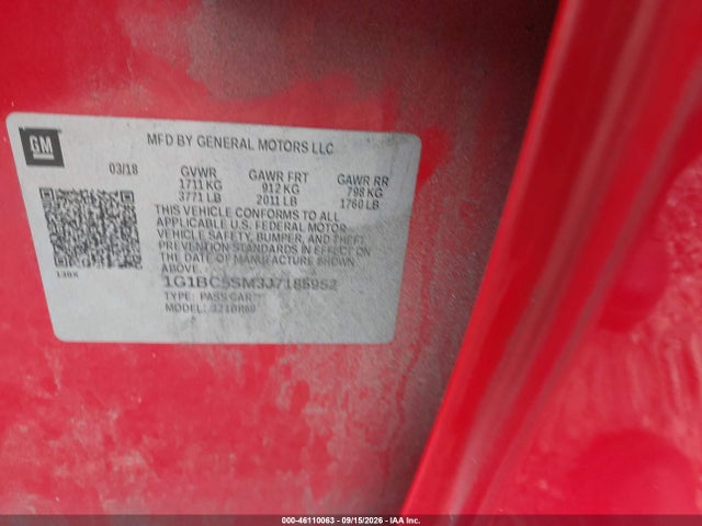 46110063 :رقم المزاد ، 1G1BC5SM3J7185952 vin ، 2018 Chevrolet Cruze Ls Auto مزاد بيع