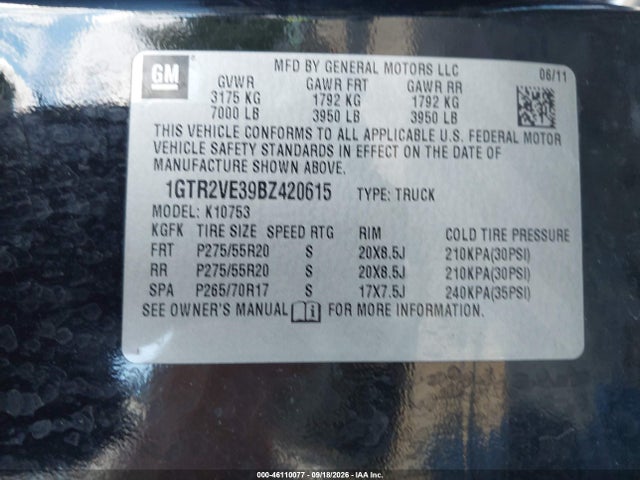 Aukcja sprzedaży 2011 Gmc Sierra 1500 Sle, vin: 1GTR2VE39BZ420615, numer aukcji: 46110077