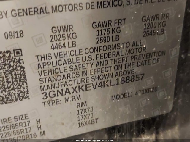 2019 Chevrolet Equinox Lt მანქანა იყიდება აუქციონზე, vin: 3GNAXKEV4KL188857, აუქციონის ნომერი: 46110080