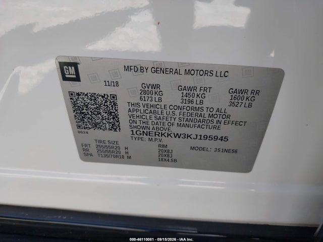 46110081 :رقم المزاد ، 1GNERKKW3KJ195945 vin ، 2019 Chevrolet Traverse Premier مزاد بيع