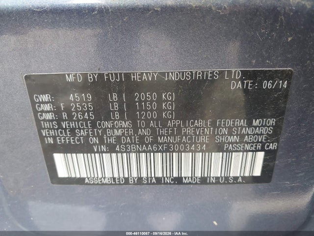Aukcja sprzedaży 2015 Subaru Legacy 2.5i, vin: 4S3BNAA6XF3003434, numer aukcji: 46110087