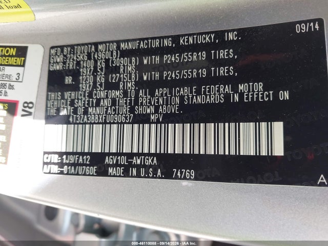 2015 Toyota Venza Le მანქანა იყიდება აუქციონზე, vin: 4T3ZA3BBXFU090637, აუქციონის ნომერი: 46110088