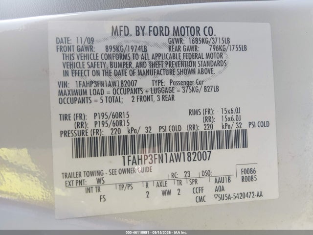Продажа на аукционе авто 2010 Ford Focus Se, vin: 1FAHP3FN1AW182007, номер лота: 46110091