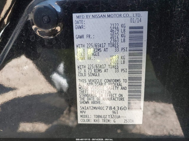 Aukcja sprzedaży 2014 Nissan Rogue Sv, vin: 5N1AT2MV4EC784360, numer aukcji: 46110115