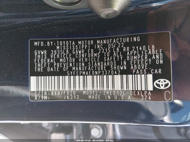 5YFEPMAE0NP337042 Toyota COROLLA LE