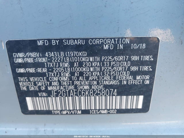 Продажа на аукционе авто 2019 Subaru Crosstrek 2.0i Premium, vin: JF2GTAEC6K8258074, номер лота: 46110134