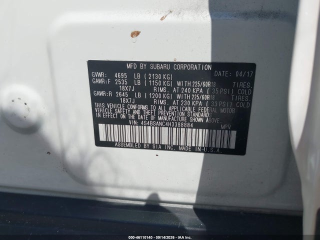 Продаж на аукціоні авто 2017 Subaru Outback 2.5i Limited, vin: 4S4BSANC4H3388884, номер лоту: 46110140