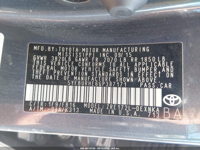 46110154 :رقم المزاد ، 5YFBURHE6GP387171 vin ، 2016 Toyota Corolla Le مزاد بيع
