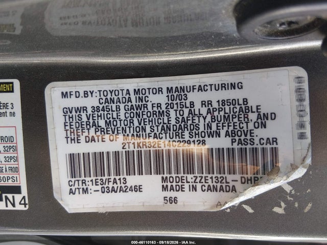 2004 Toyota Matrix Standard მანქანა იყიდება აუქციონზე, vin: 2T1KR32E14C229128, აუქციონის ნომერი: 46110163