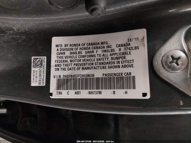 Aukcja sprzedaży 2012 Honda Civic Lx, vin: 2HGFB2E57CH538636, numer aukcji: 46110169