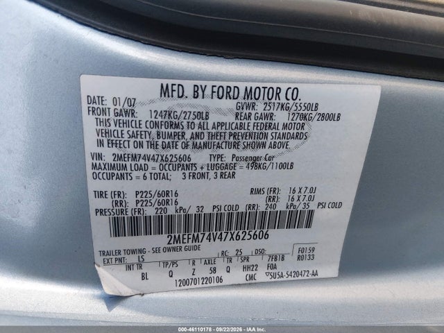 Aukcja sprzedaży 2007 Mercury Grand Marquis Gs, vin: 2MEFM74V47X625606, numer aukcji: 46110178
