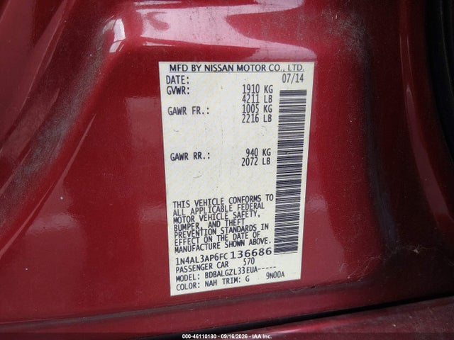 Продаж на аукціоні авто 2015 Nissan Altima 2.5 S, vin: 1N4AL3AP6FC136686, номер лоту: 46110180