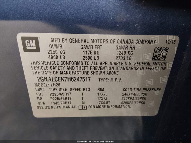 46110188 :رقم المزاد ، 2GNALCEK7H6247517 vin ، 2017 Chevrolet Equinox Lt مزاد بيع