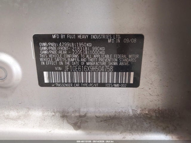 46110189 :رقم المزاد ، JF1GE616X9H504758 vin ، 2009 Subaru Impreza 2.5i مزاد بيع