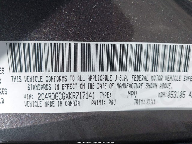 46110194 :رقم المزاد ، 2C4RDGCGXKR717141 vin ، 2019 Dodge Grand Caravan Sxt مزاد بيع