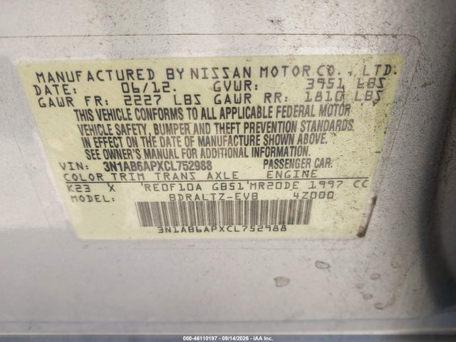 Aukcja sprzedaży 2012 Nissan Sentra 2.0 Sr, vin: 3N1AB6APXCL752988, numer aukcji: 46110197