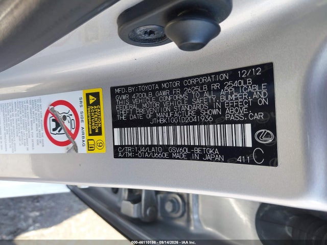 46110198 :رقم المزاد ، JTHBK1GG1D2041936 vin ، 2013 Lexus Es 350 مزاد بيع