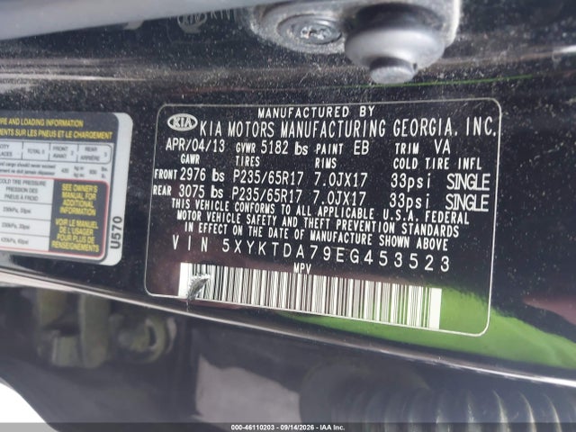 Продажа на аукционе авто 2014 Kia Sorento Lx V6, vin: 5XYKTDA79EG453523, номер лота: 46110203