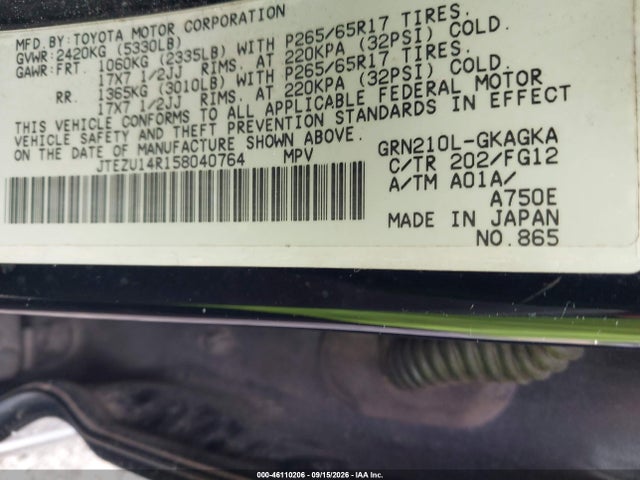 46110206 :رقم المزاد ، JTEZU14R158040764 vin ، 2005 Toyota 4runner Sr5 V6 مزاد بيع