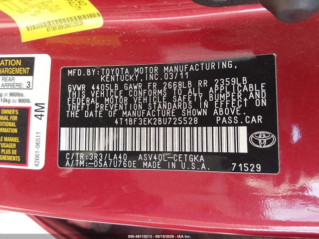 46110213 :رقم المزاد ، 4T1BF3EK2BU725528 vin ، 2011 Toyota Camry Xle مزاد بيع