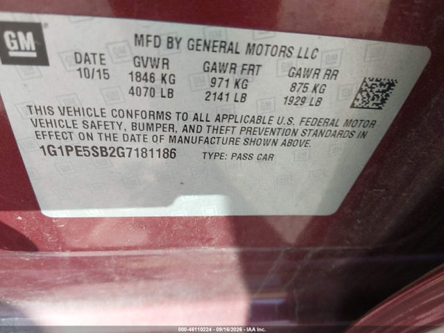 1G1PE5SB2G7181186 Chevrolet Cruze Limited 1lt Auto