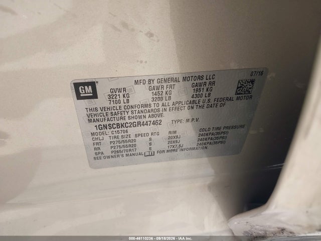 46110236 :رقم المزاد ، 1GNSCBKC2GR447462 vin ، 2016 Chevrolet Tahoe Lt مزاد بيع