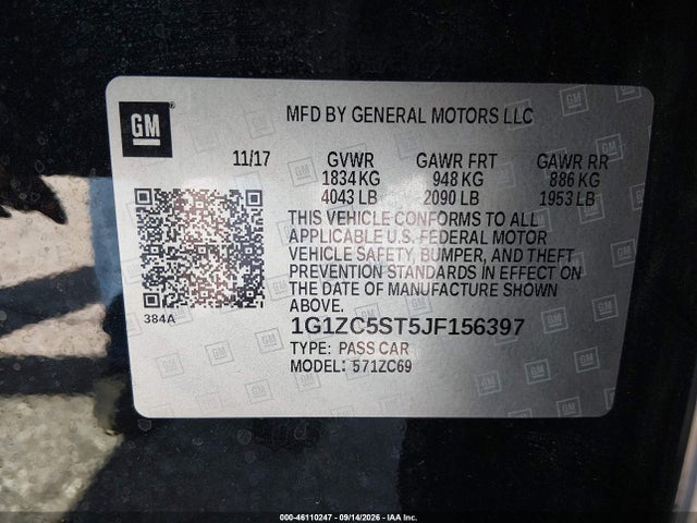 Aukcja sprzedaży 2018 Chevrolet Malibu 1fl, vin: 1G1ZC5ST5JF156397, numer aukcji: 46110247