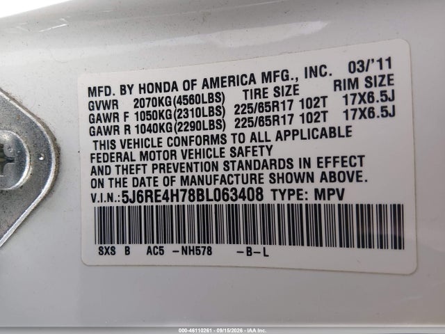 2011 Honda Cr-v Ex-l მანქანა იყიდება აუქციონზე, vin: 5J6RE4H78BL063408, აუქციონის ნომერი: 46110261