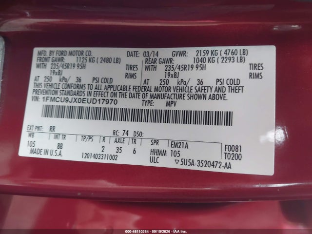 Продажа на аукционе авто 2014 Ford Escape Titanium, vin: 1FMCU9JX0EUD17970, номер лота: 46110264