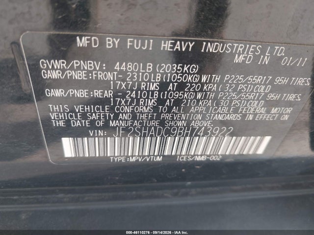 Aukcja sprzedaży 2011 Subaru Forester 2.5x Premium, vin: JF2SHADC9BH743922, numer aukcji: 46110276