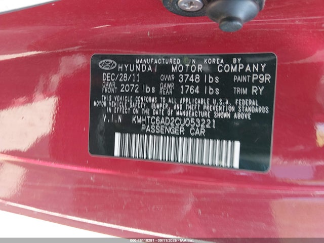 2012 Hyundai Veloster Base W/red/black მანქანა იყიდება აუქციონზე, vin: KMHTC6AD2CU053221, აუქციონის ნომერი: 46110281
