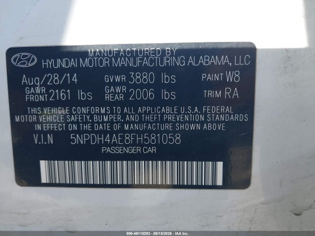 46110293 :رقم المزاد ، 5NPDH4AE8FH581058 vin ، 2015 Hyundai Elantra Se مزاد بيع