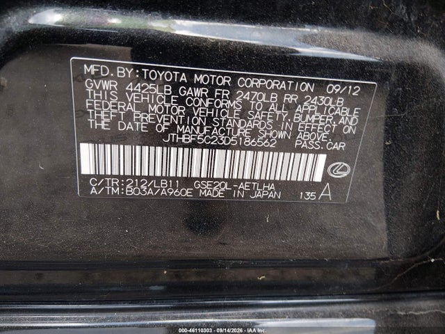 Aukcja sprzedaży 2013 Lexus Is 250, vin: JTHBF5C23D5186562, numer aukcji: 46110303