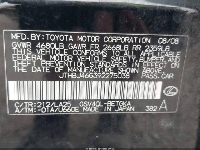 2009 Lexus Es 350 მანქანა იყიდება აუქციონზე, vin: JTHBJ46G392275038, აუქციონის ნომერი: 46110326