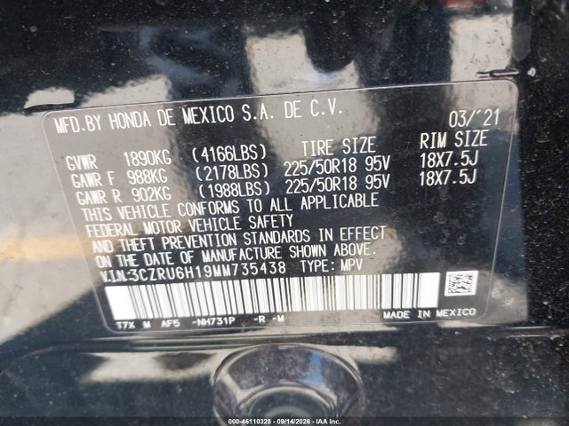 Продажа на аукционе авто 2021 Honda Hr-v Awd Sport, vin: 3CZRU6H19MM735438, номер лота: 46110328