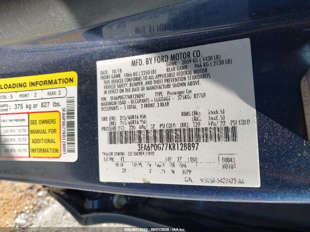 Aukcja sprzedaży 2019 Ford Fusion S, vin: 3FA6P0G77KR128897, numer aukcji: 46110333