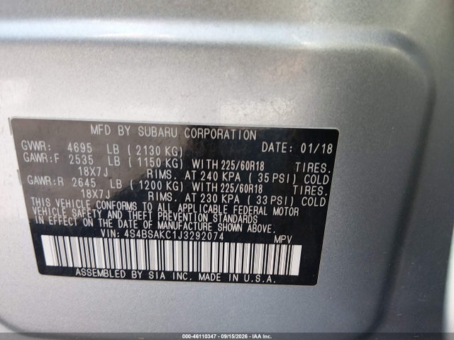 Subaru Outback 2.5i Limited 2018 4S4BSAKC1J3292074 Image 9