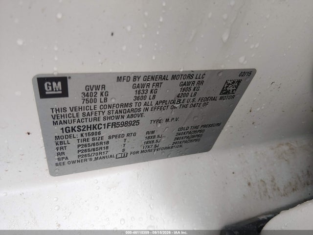 Aukcja sprzedaży 2015 Gmc Yukon Xl 1500 Slt, vin: 1GKS2HKC1FR598925, numer aukcji: 46110359