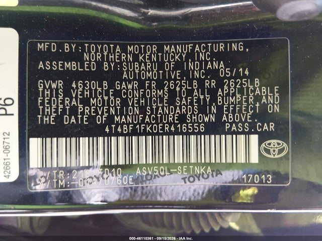 46110361 :رقم المزاد ، 4T4BF1FK0ER416556 vin ، 2014 Toyota Camry Le مزاد بيع