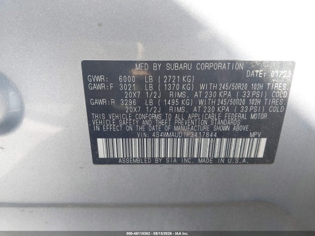 2023 Subaru Ascent Limited 7-passenger მანქანა იყიდება აუქციონზე, vin: 4S4WMAUD1P3417844, აუქციონის ნომერი: 46110362