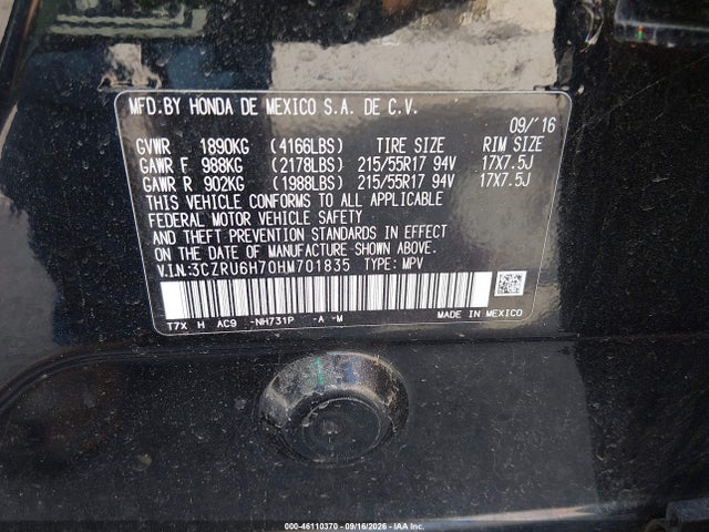 Продаж на аукціоні авто 2017 Honda Hr-v Ex-l, vin: 3CZRU6H70HM701835, номер лоту: 46110370