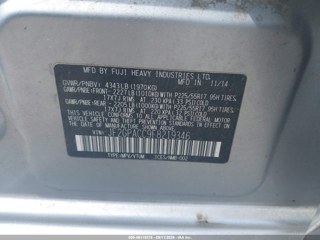 2015 Subaru Xv Crosstrek 2.0i Premium მანქანა იყიდება აუქციონზე, vin: JF2GPACC9F8219346, აუქციონის ნომერი: 46110378