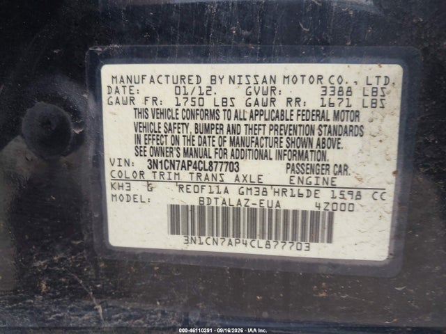 Aukcja sprzedaży 2012 Nissan Versa 1.6 S, vin: 3N1CN7AP4CL877703, numer aukcji: 46110391
