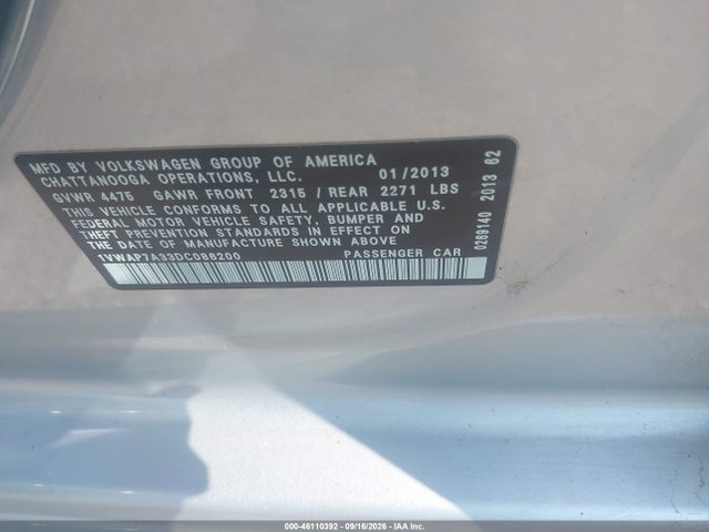 46110392 :رقم المزاد ، 1VWAP7A33DC086200 vin ، 2013 Volkswagen Passat 2.5l S مزاد بيع