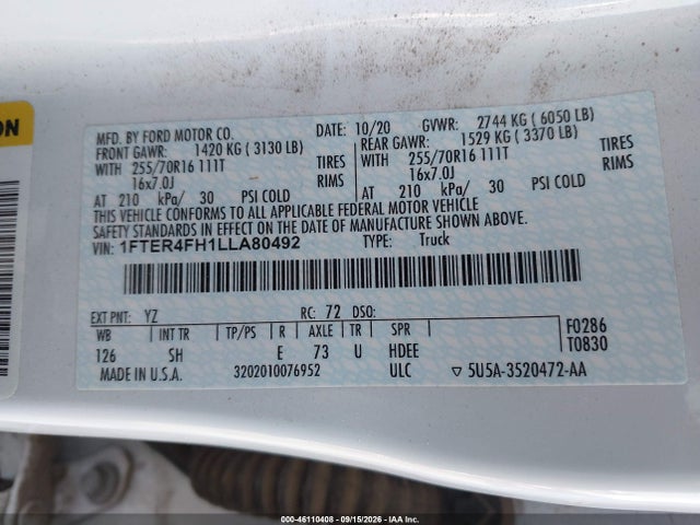 46110408 :رقم المزاد ، 1FTER4FH1LLA80492 vin ، 2020 Ford Ranger Xl مزاد بيع