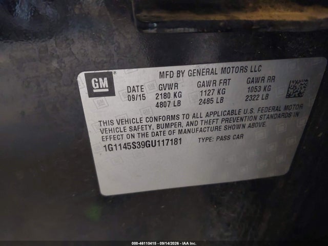 46110415 :رقم المزاد ، 1G1145S39GU117181 vin ، 2016 Chevrolet Impala 2lz مزاد بيع