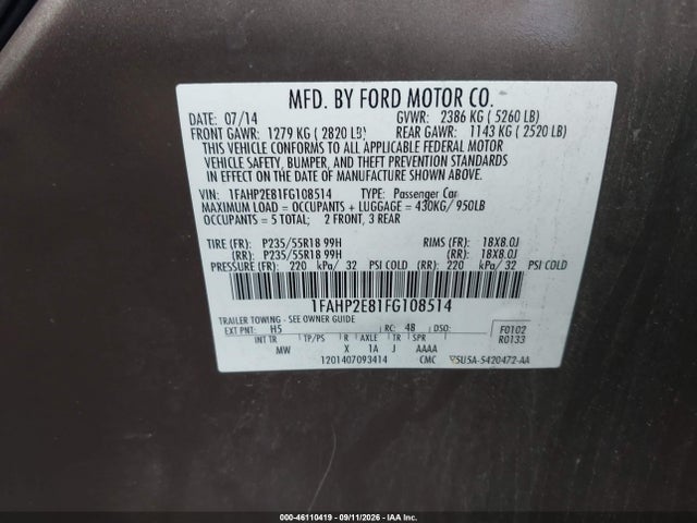 2015 Ford Taurus Sel მანქანა იყიდება აუქციონზე, vin: 1FAHP2E81FG108514, აუქციონის ნომერი: 46110419