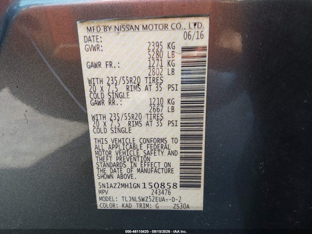 2016 Nissan Murano Platinum მანქანა იყიდება აუქციონზე, vin: 5N1AZ2MH1GN150858, აუქციონის ნომერი: 46110420